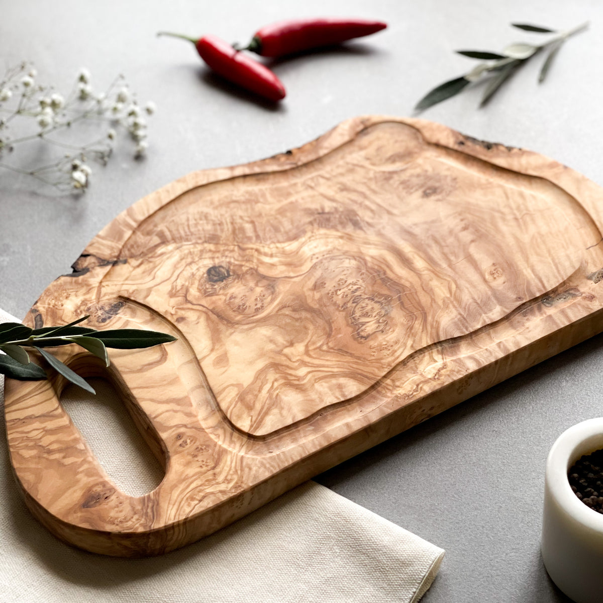 Olive Wood Handled Chopping Board With Jus Groove The Rustic Dish Ltd® 