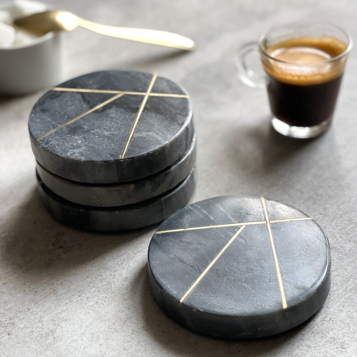 Set of 4 Marble Coasters with Brass Detailing