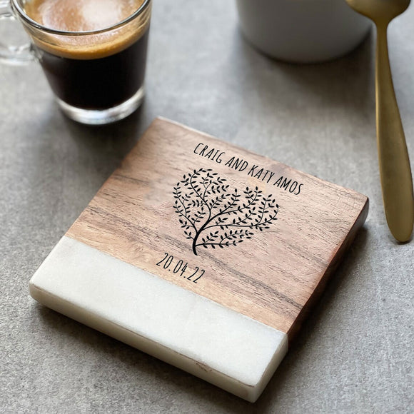 Personalised Marble & Acacia Coaster with Heart Tree Design | Wedding Gift