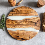 Large Olive Wood Serving River Board with White Resin Veins - Dia 14" (35cm)