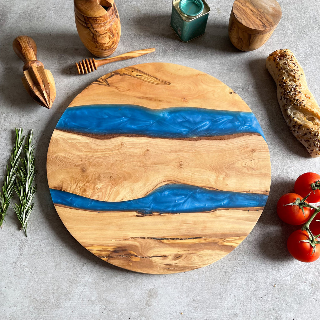 Large Olive Wood Serving River Board with Dual Blue Veins - Dia 14" (35cm)