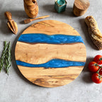 Large Olive Wood Serving River Board with Dual Blue Veins - Dia 14" (35cm)