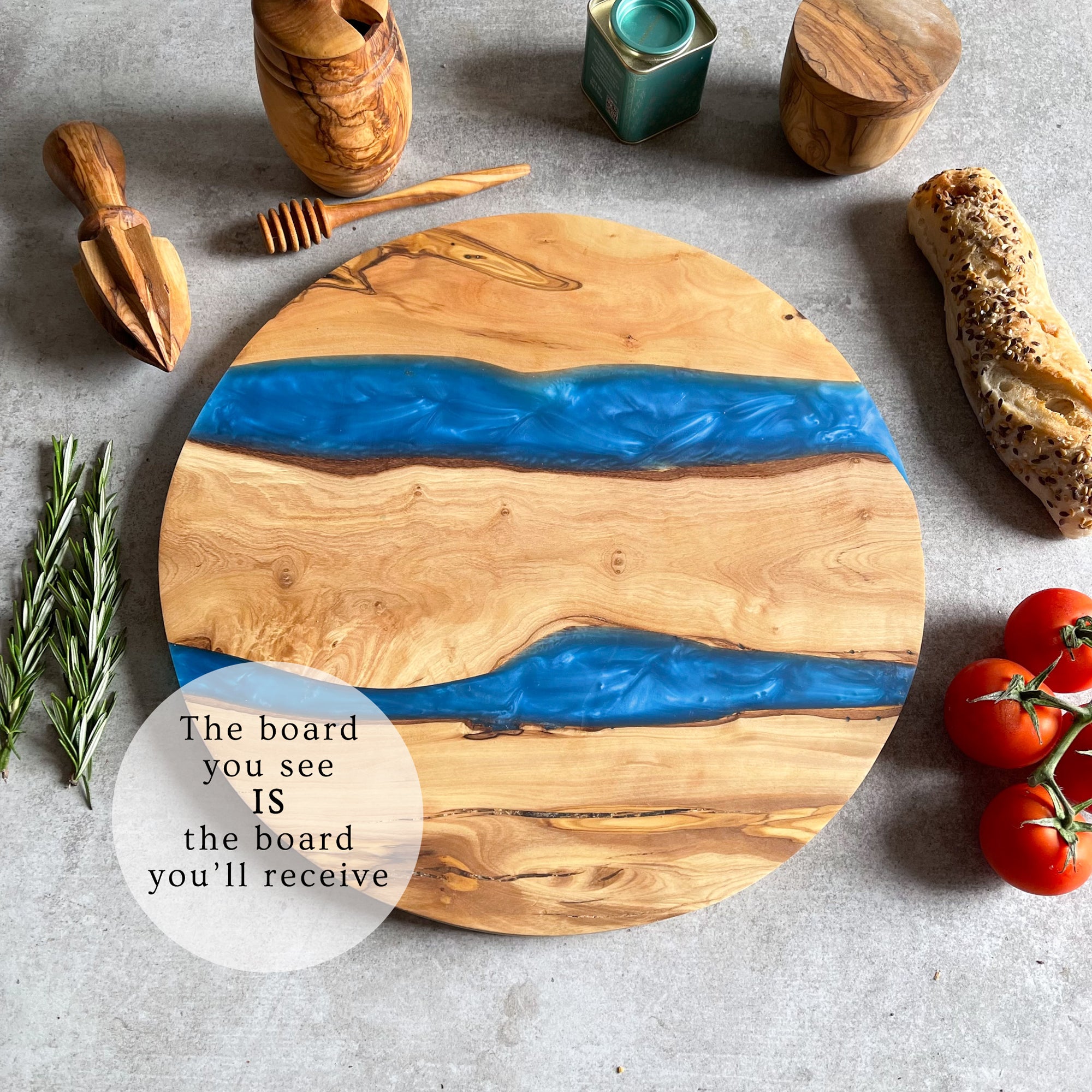 Large Olive Wood Serving River Board with Dual Blue Veins - Dia 14" (35cm)