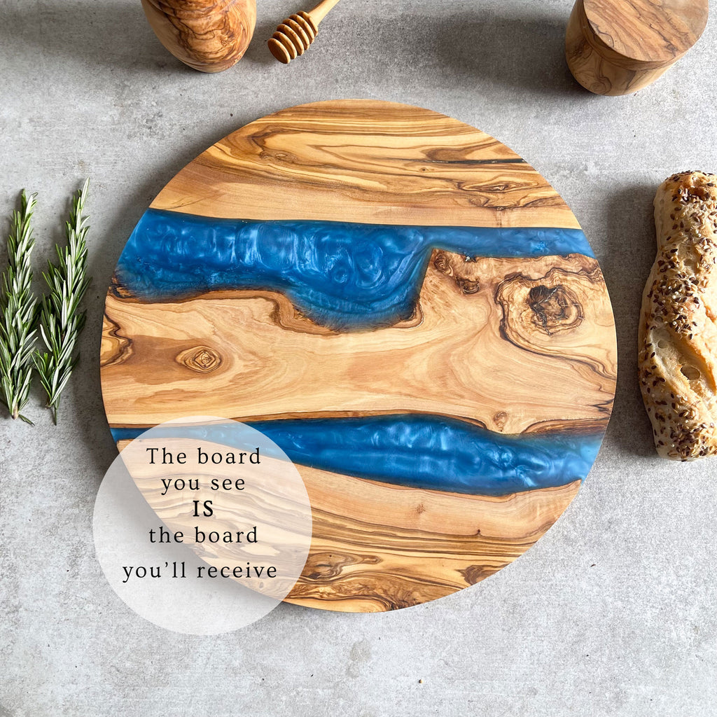 Large Olive Wood Serving River Board with Dual Blue Veins - Dia 14" (35cm)