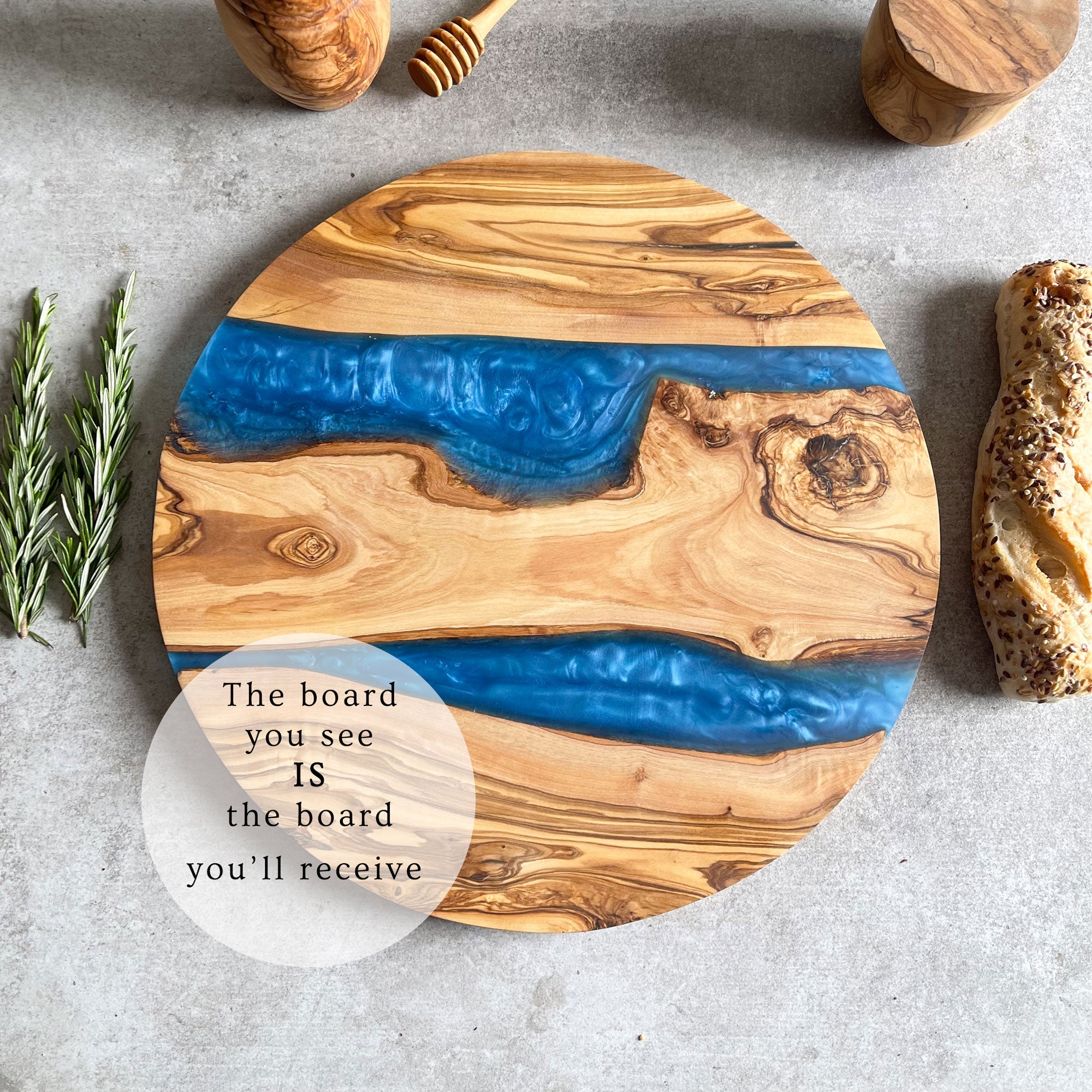 Large Olive Wood Serving River Board with Dual Blue Veins - Dia 14" (35cm)