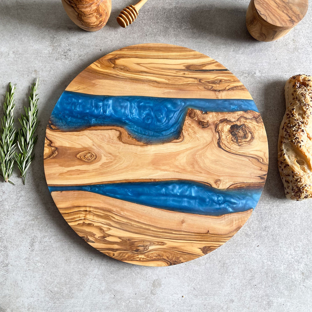 Large Olive Wood Serving River Board with Dual Blue Veins - Dia 14" (35cm)