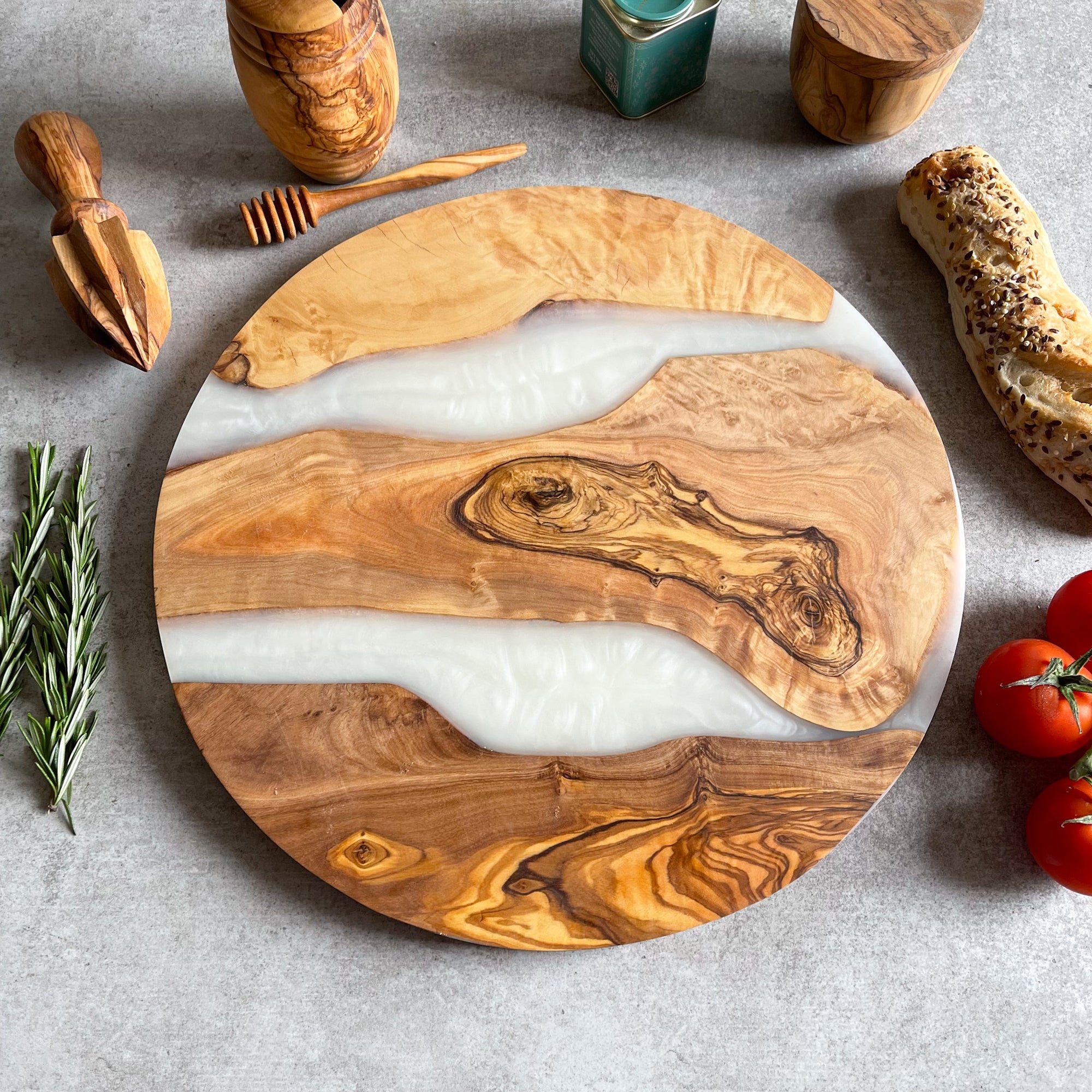Large Olive Wood Serving River Board with White Resin Veins - Dia 14" (35cm)