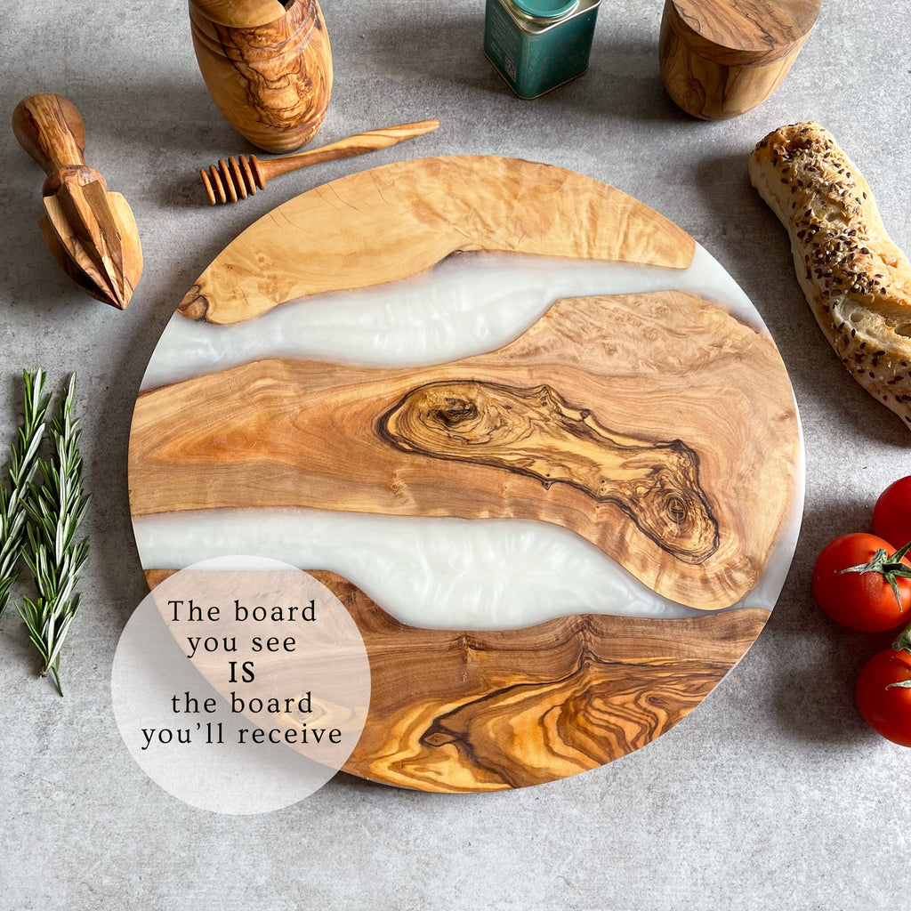 Large Olive Wood Serving River Board with White Resin Veins - Dia 14" (35cm)