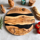 Large Olive Wood Serving River Board with Dual Black Veins - Dia 14" (35cm)