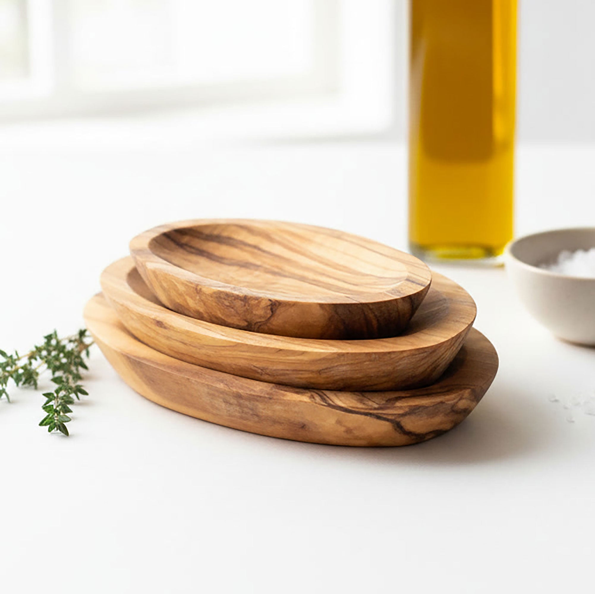 Set of 3 Olive Wood Small Stackable Condiment Dishes