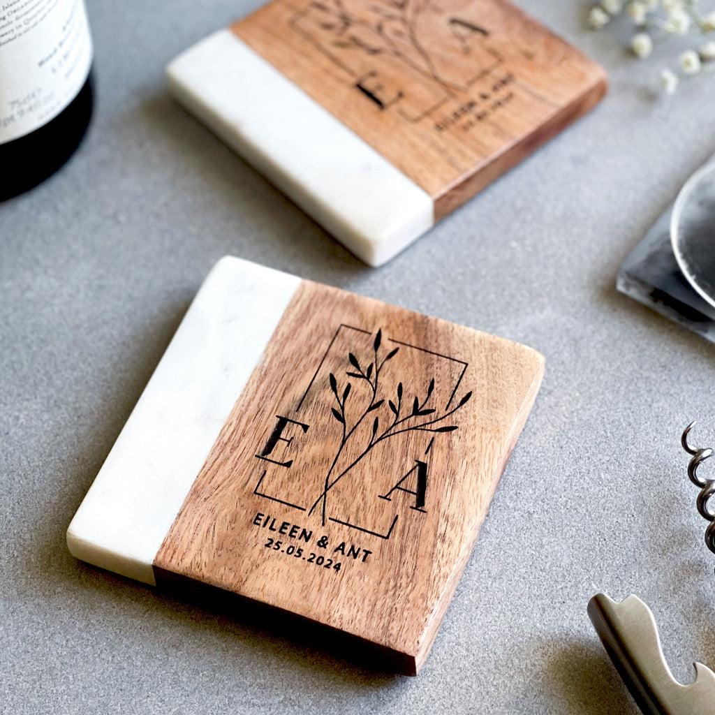 Personalised Wedding Gift  - Marble & Acacia Coaster