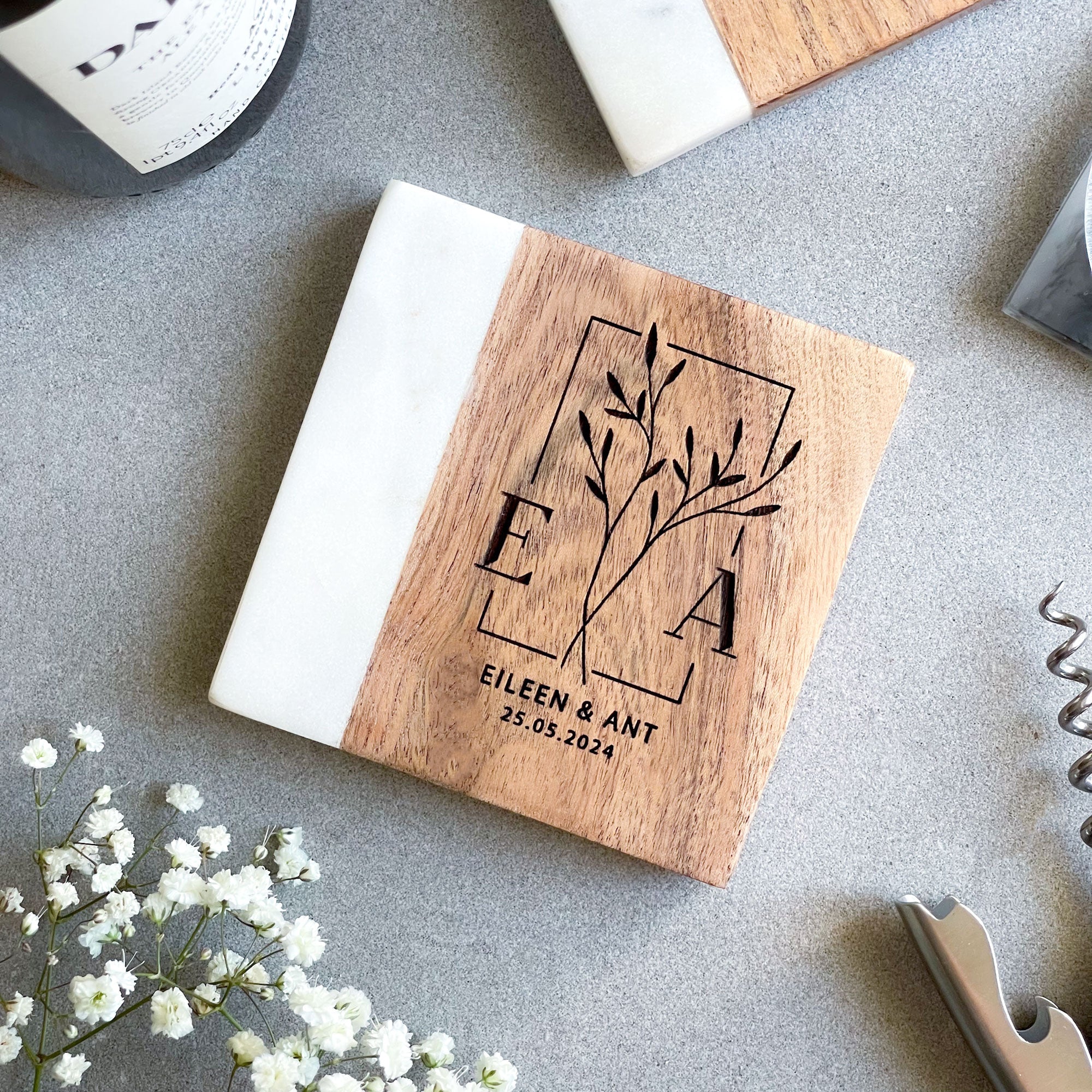 Personalised Wedding Gift  - Marble & Acacia Coaster
