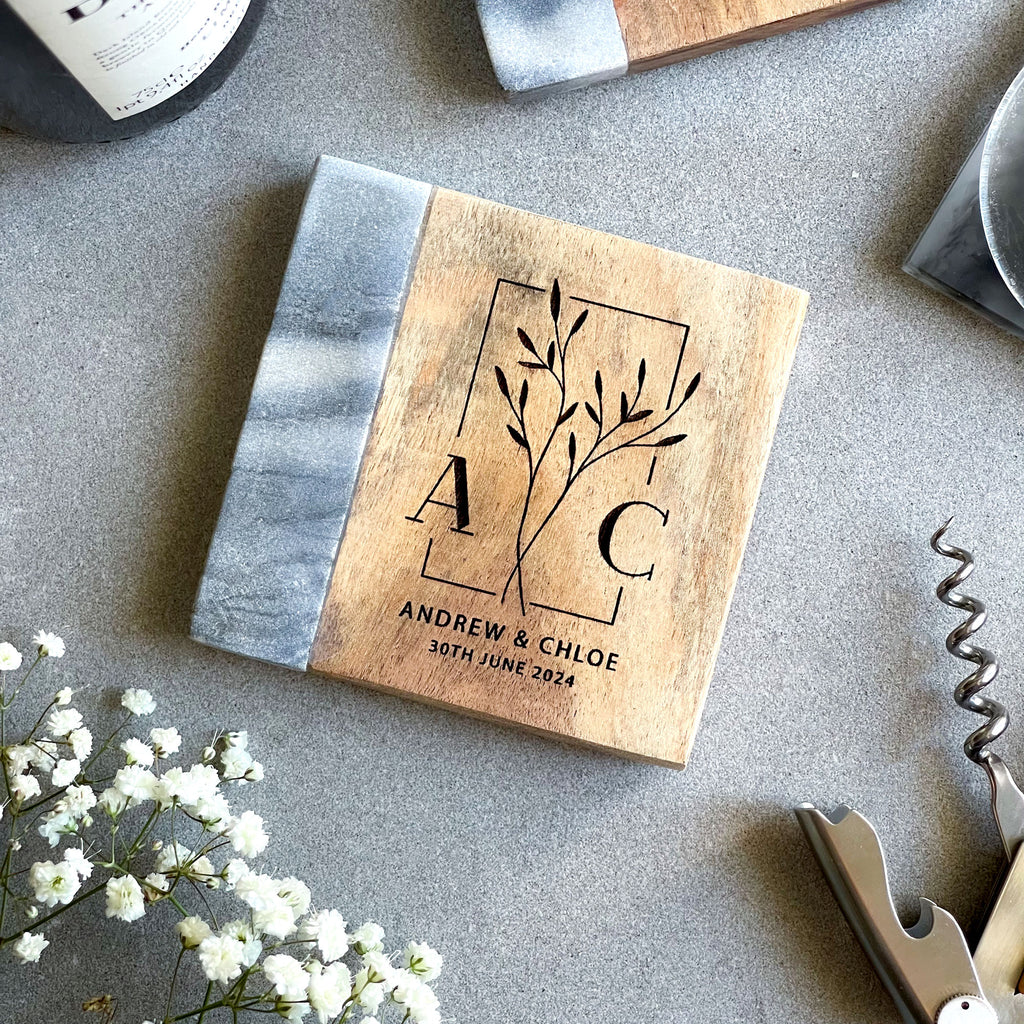 Personalised Wedding Gift  - Marble & Acacia Coaster