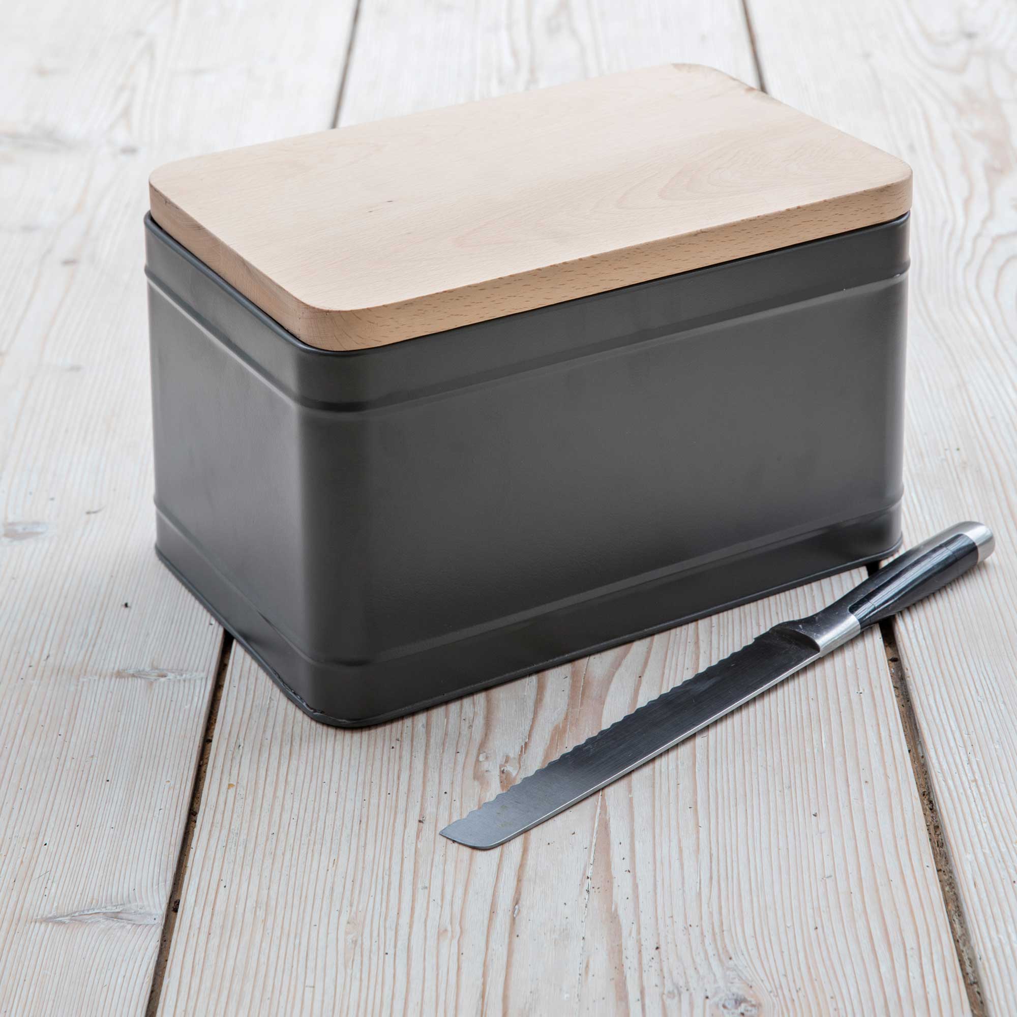 Premium Bread Bin with Wooden Lid -  Charcoal