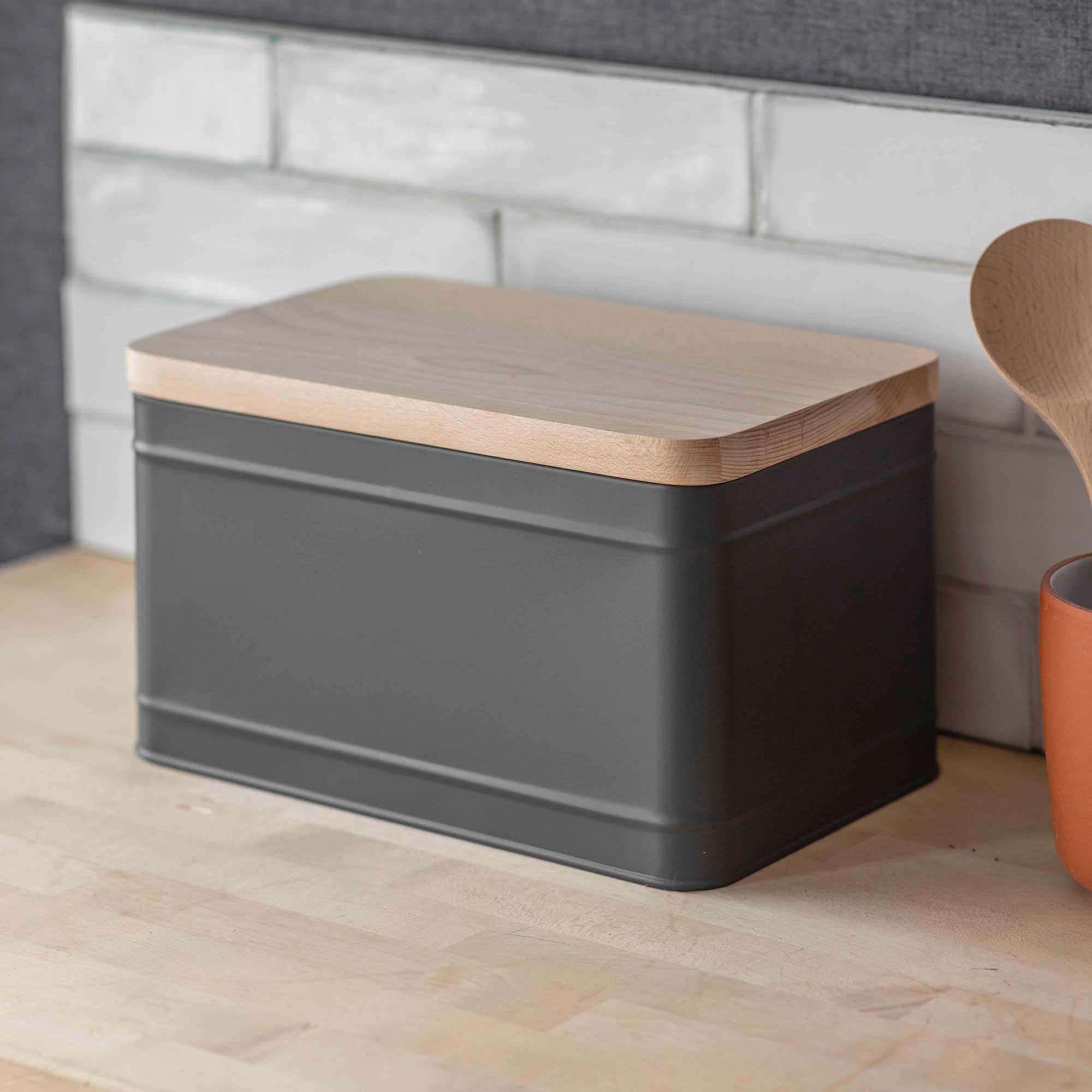 Premium Bread Bin with Wooden Lid -  Charcoal