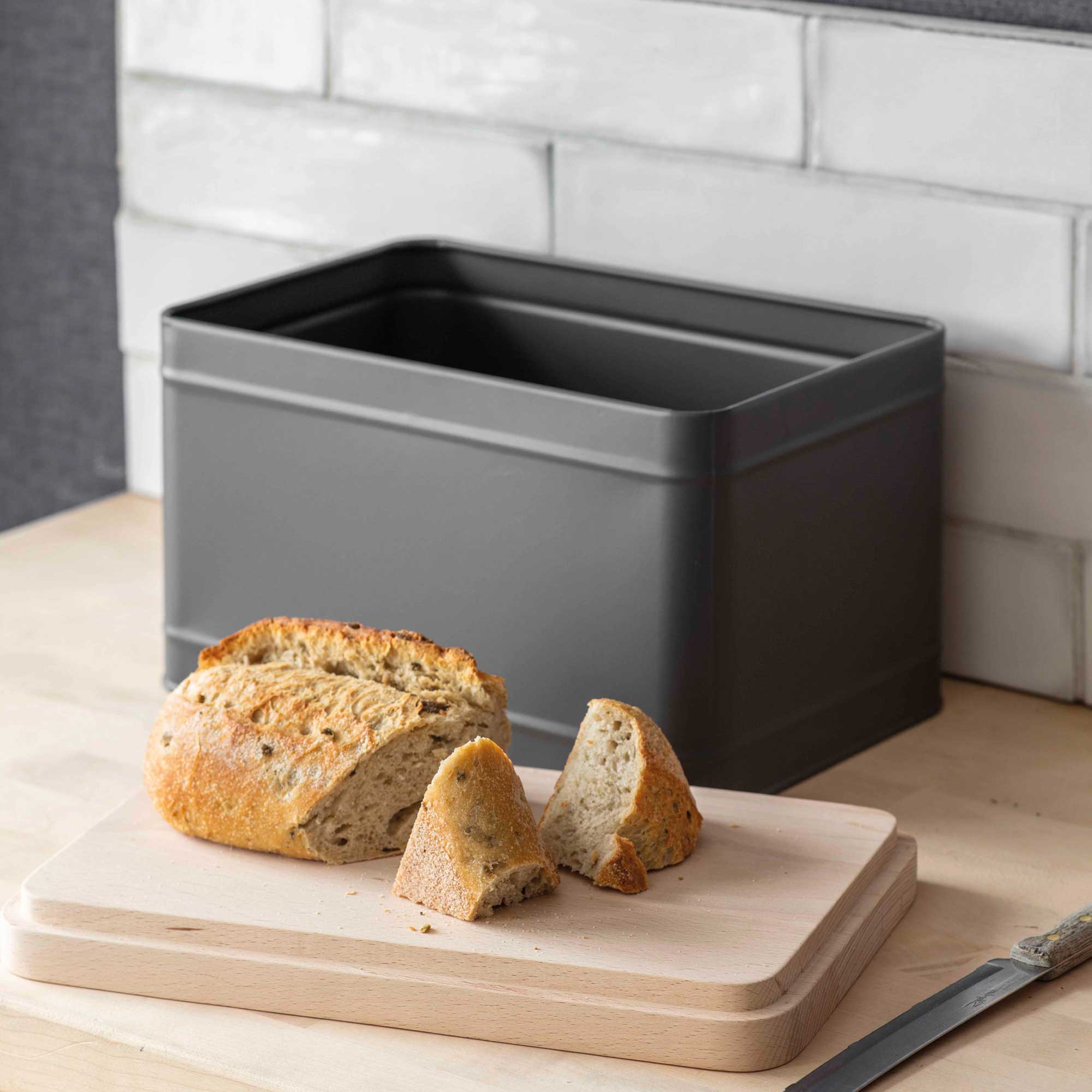 Premium Bread Bin with Wooden Lid -  Charcoal