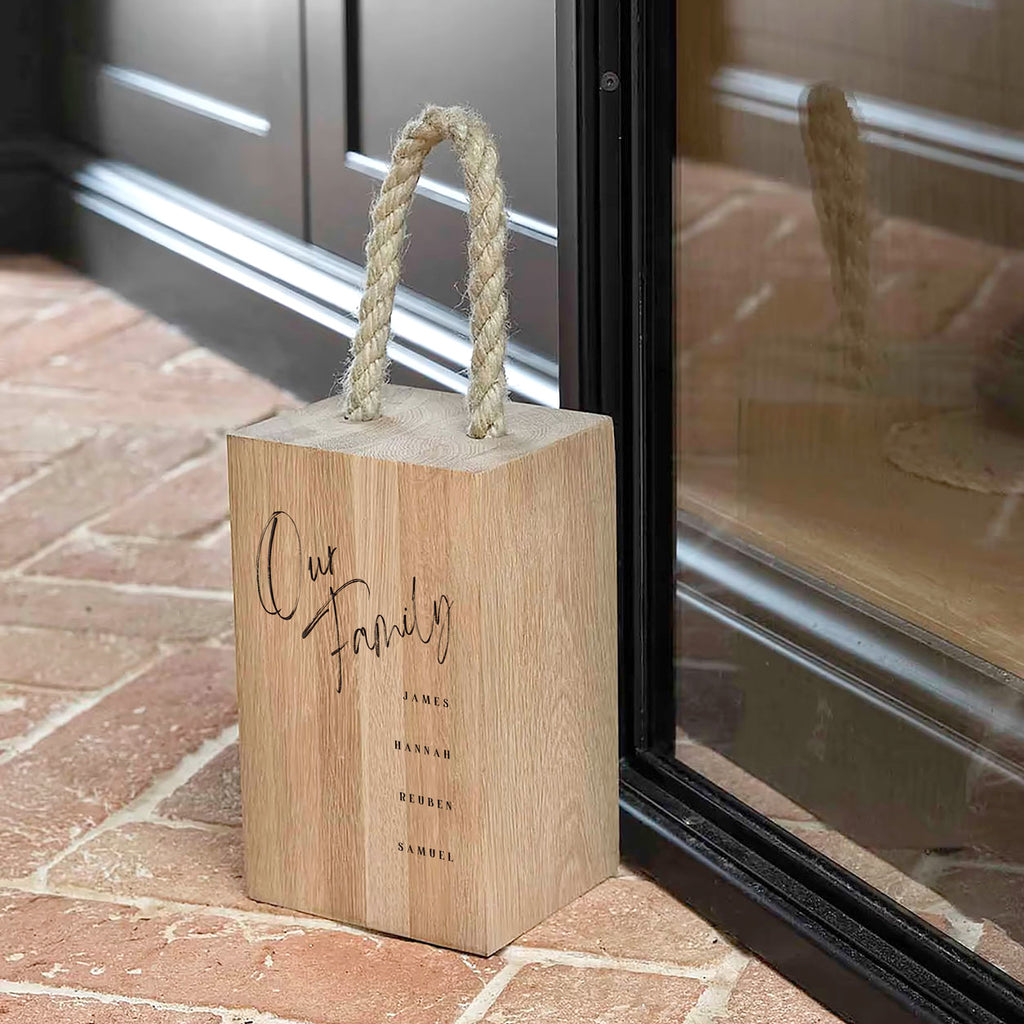 Personalised Solid Oak Door Stop with Rope Carrying Handle