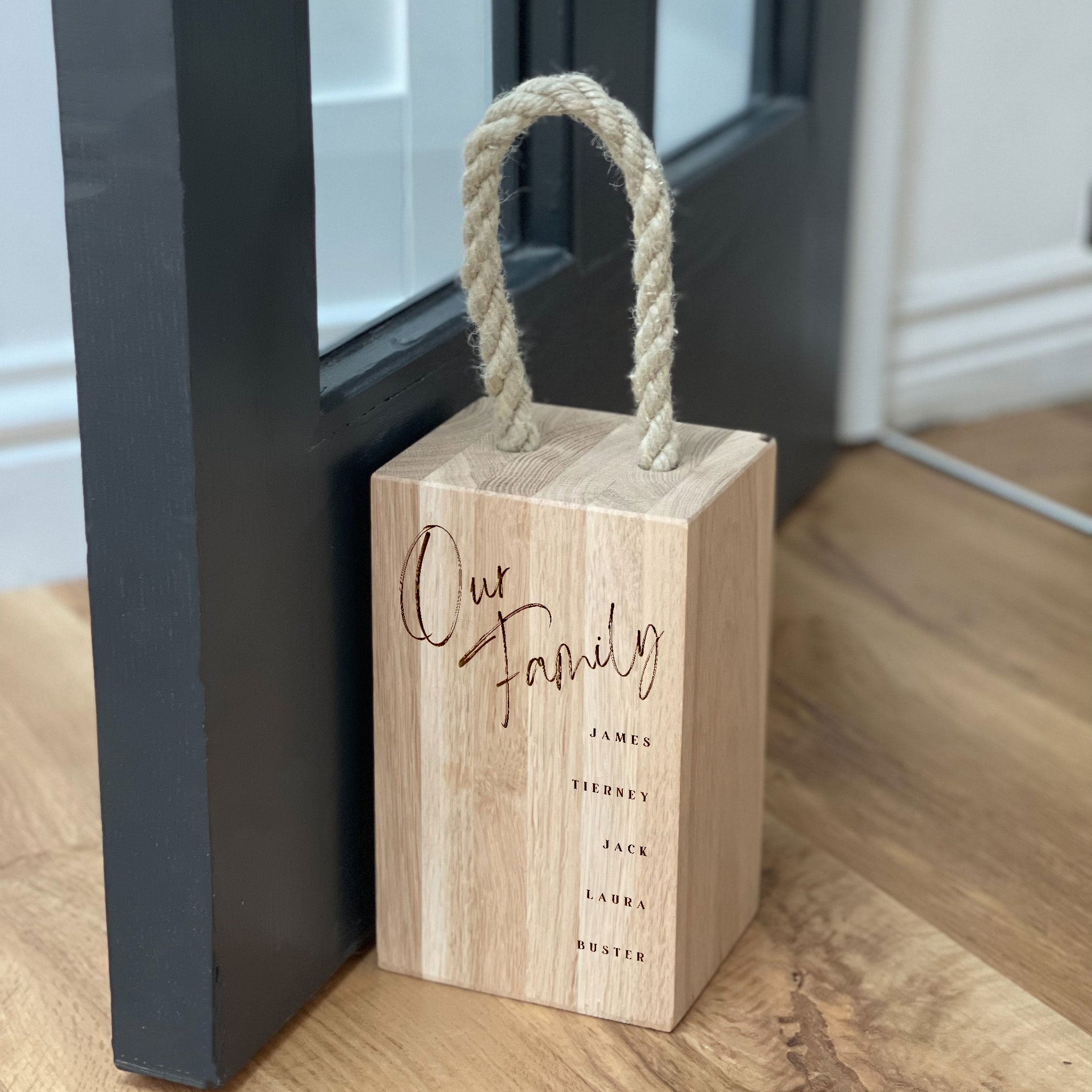Personalised Solid Oak Door Stop with Rope Carrying Handle