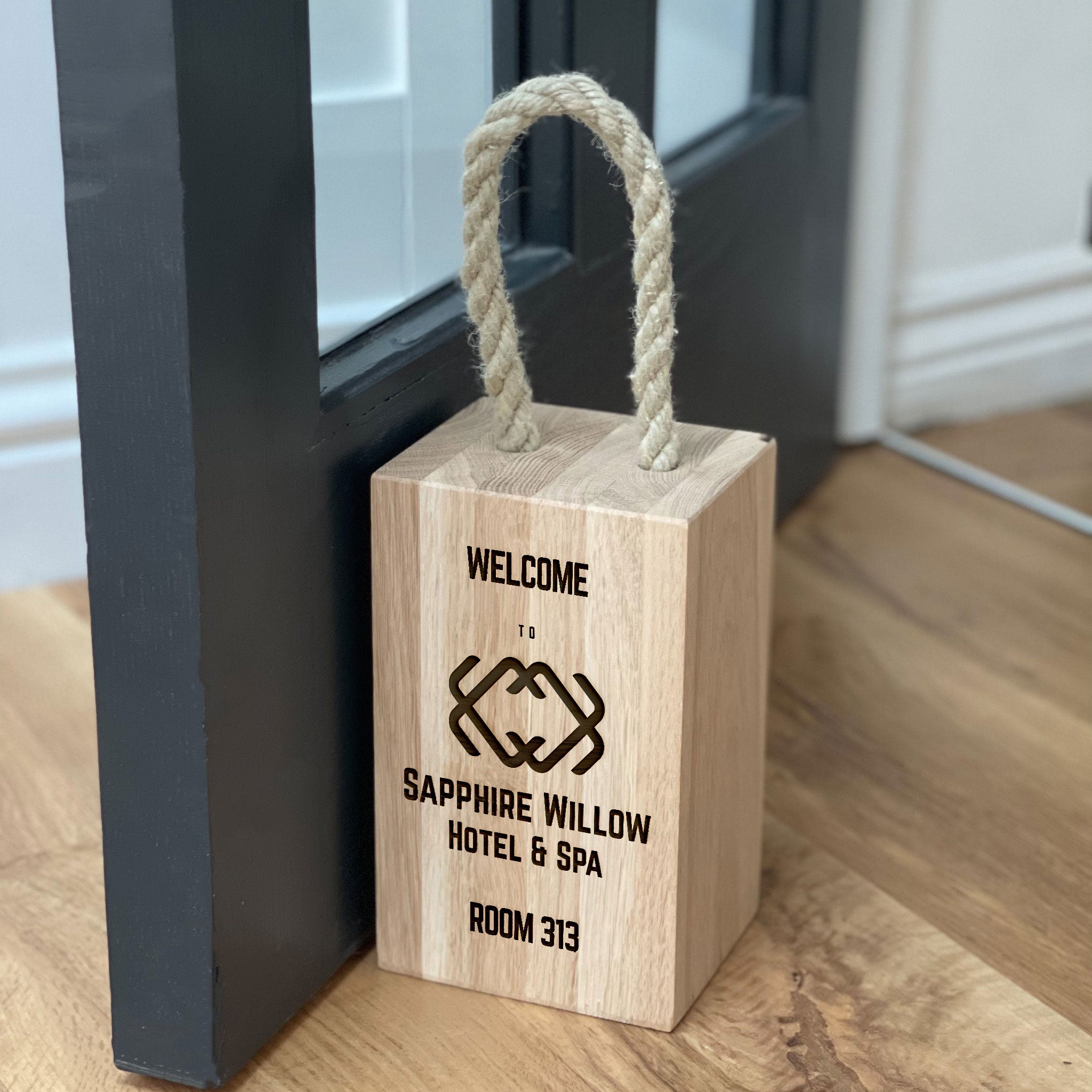 Your Own Logo Oak Door Stop with Rope Handle