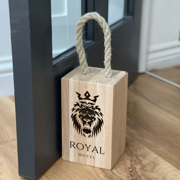 Your Own Logo Oak Door Stop with Rope Handle - 20cm x 12cm