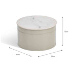 Round cake tin with marble top and dimensions on a white background