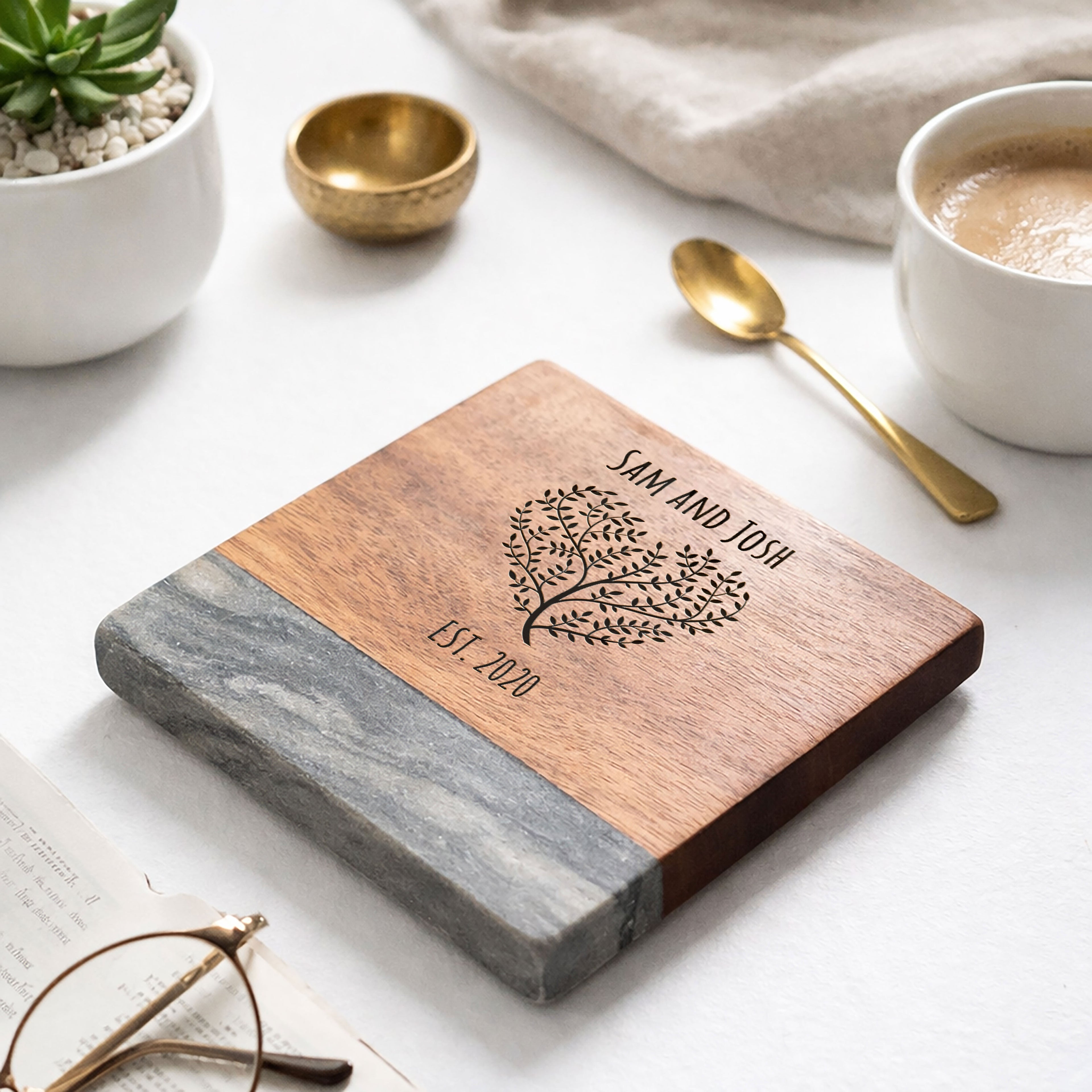 Personalised Engraved Heart Tree Marble & Acacia Wood  Drinks Coaster