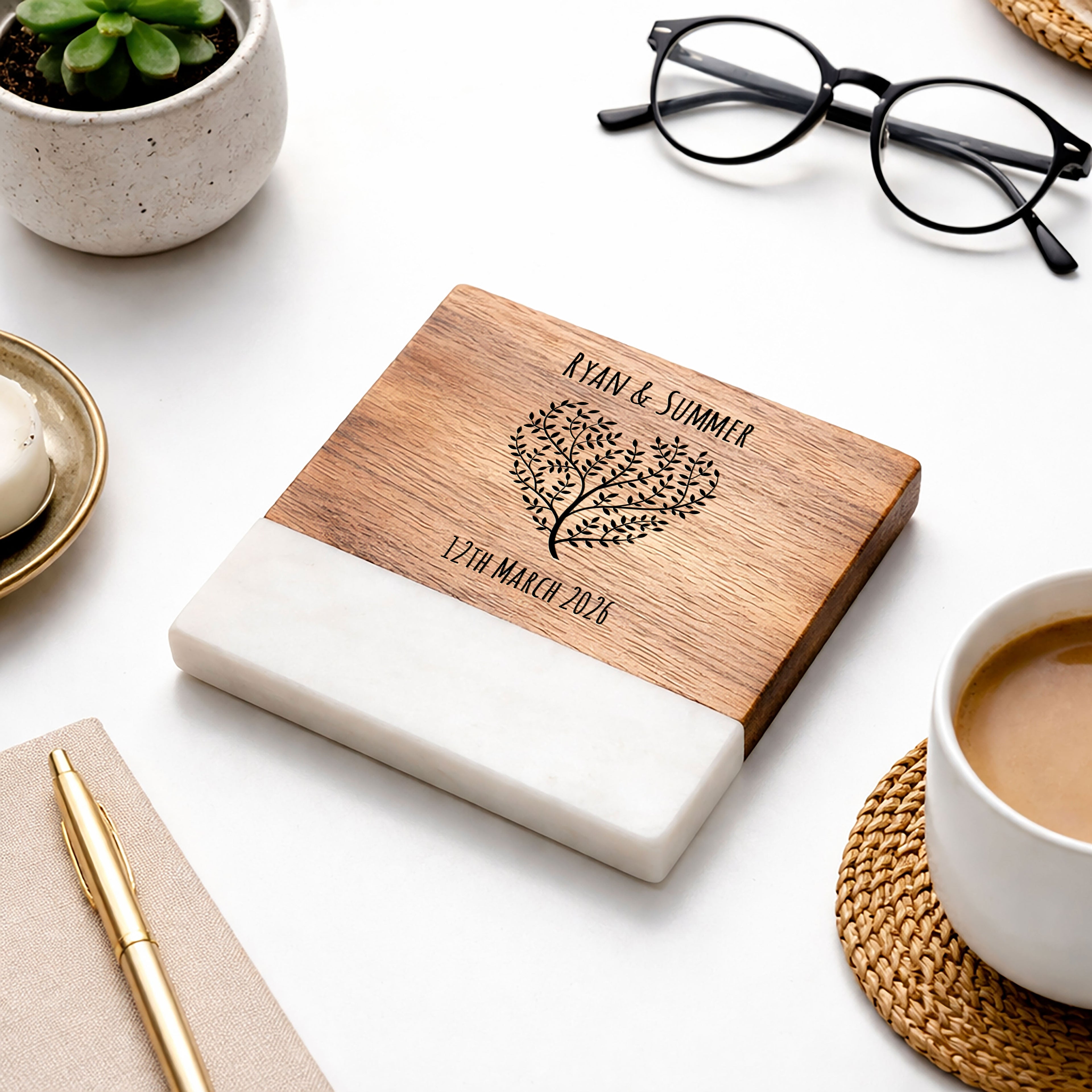 Personalised Engraved Heart Tree Marble & Acacia Wood  Drinks Coaster