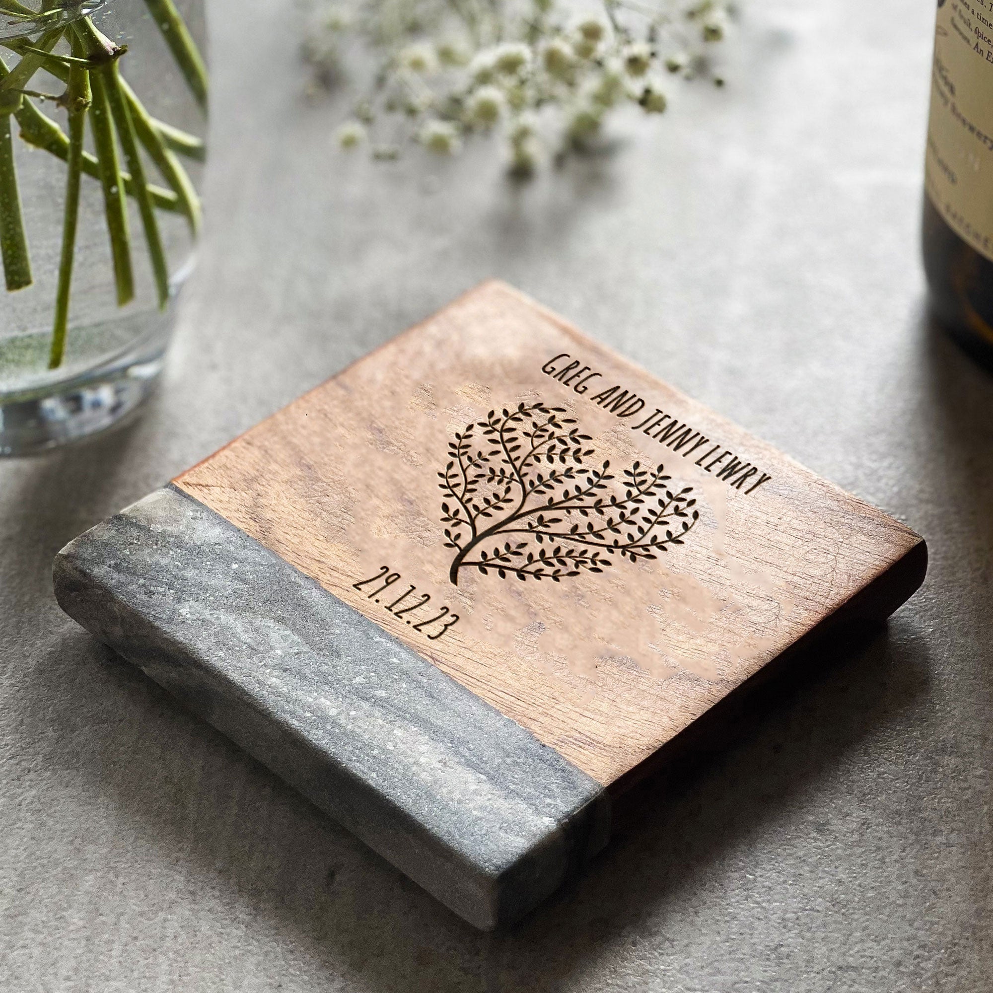 Personalised Engraved Heart Tree Marble & Acacia Wood  Drinks Coaster