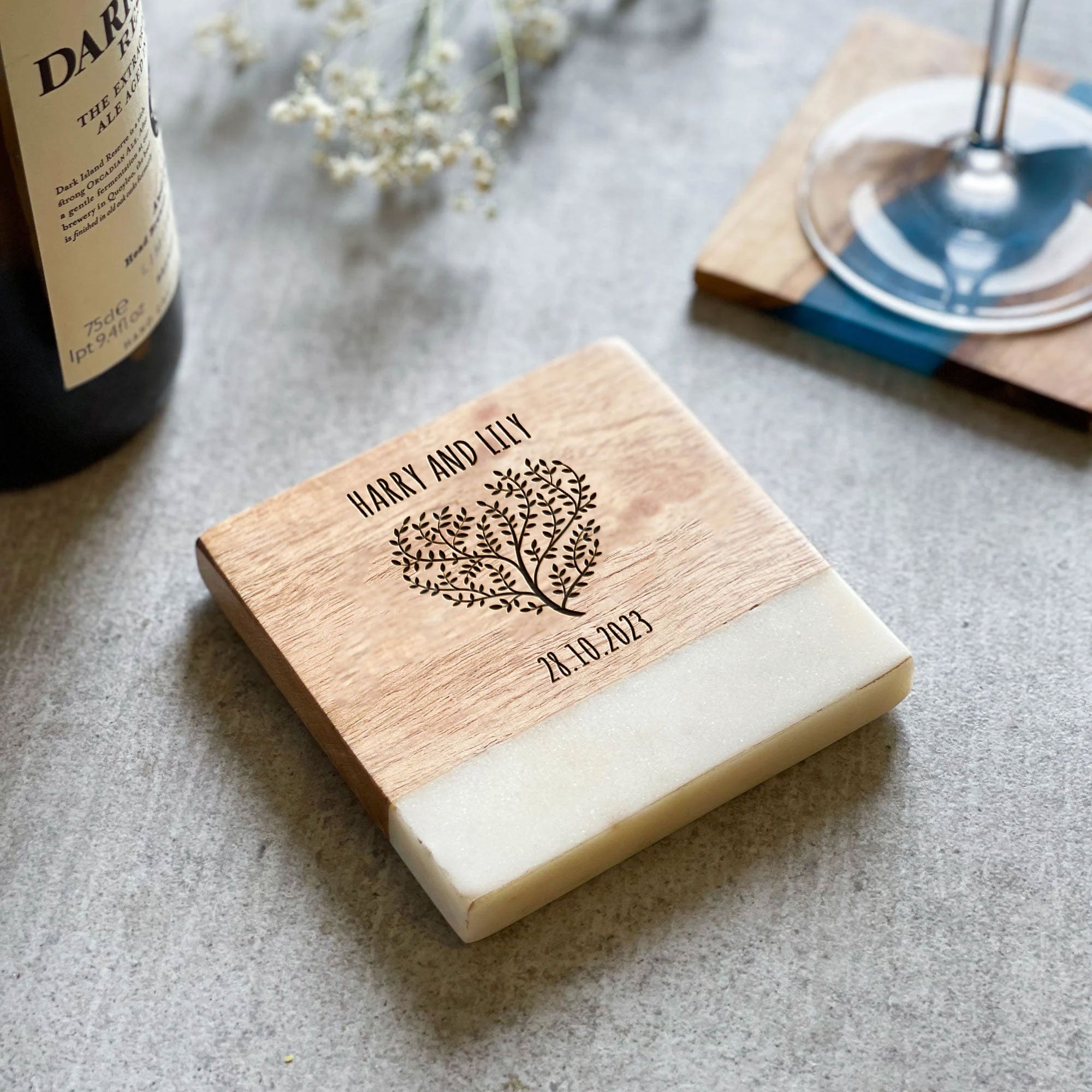 Personalised Engraved Heart Tree Marble & Acacia Wood  Drinks Coaster