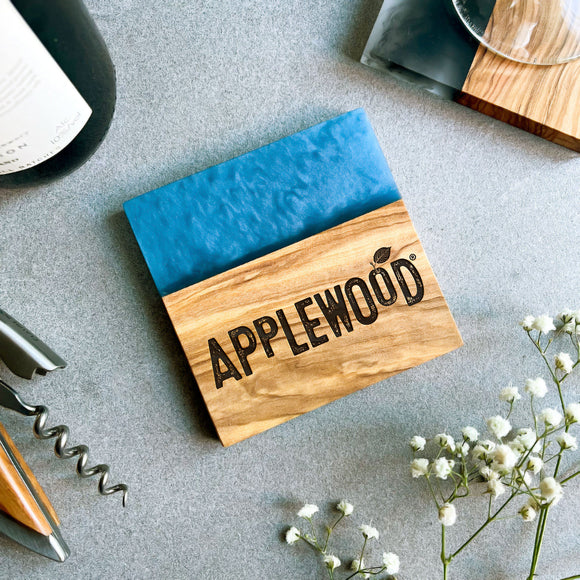 Your Own Logo Engraved Blue Resin & Italian Olive Wood Coaster