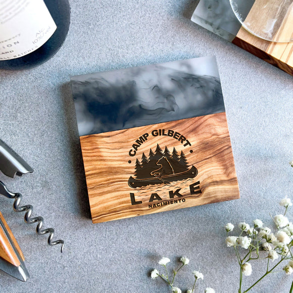 Your Own Logo Engraved Smokey Grey Resin & Italian Olive Wood Coaster