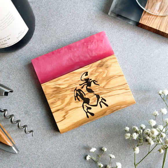 Your Own Logo Engraved Pink Resin & Italian Olive Wood Coaster