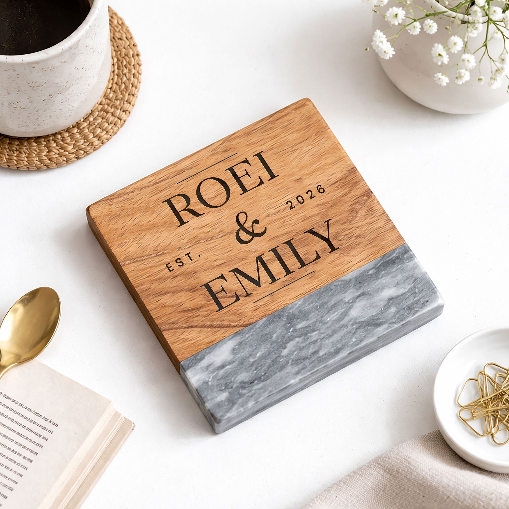 Personalised Coffee Table Marble & Acacia Wood Coaster