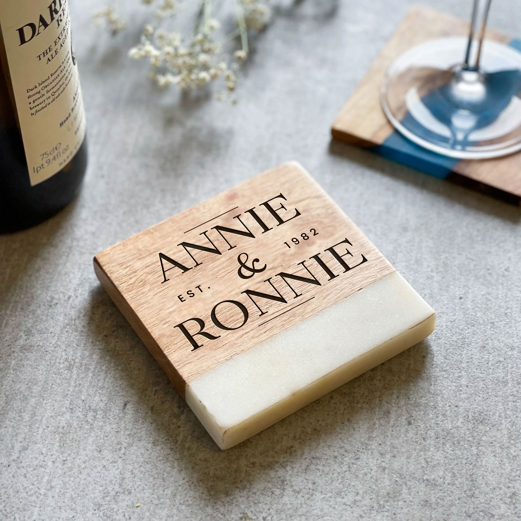 Personalised Coffee Table Marble & Acacia Wood Coaster