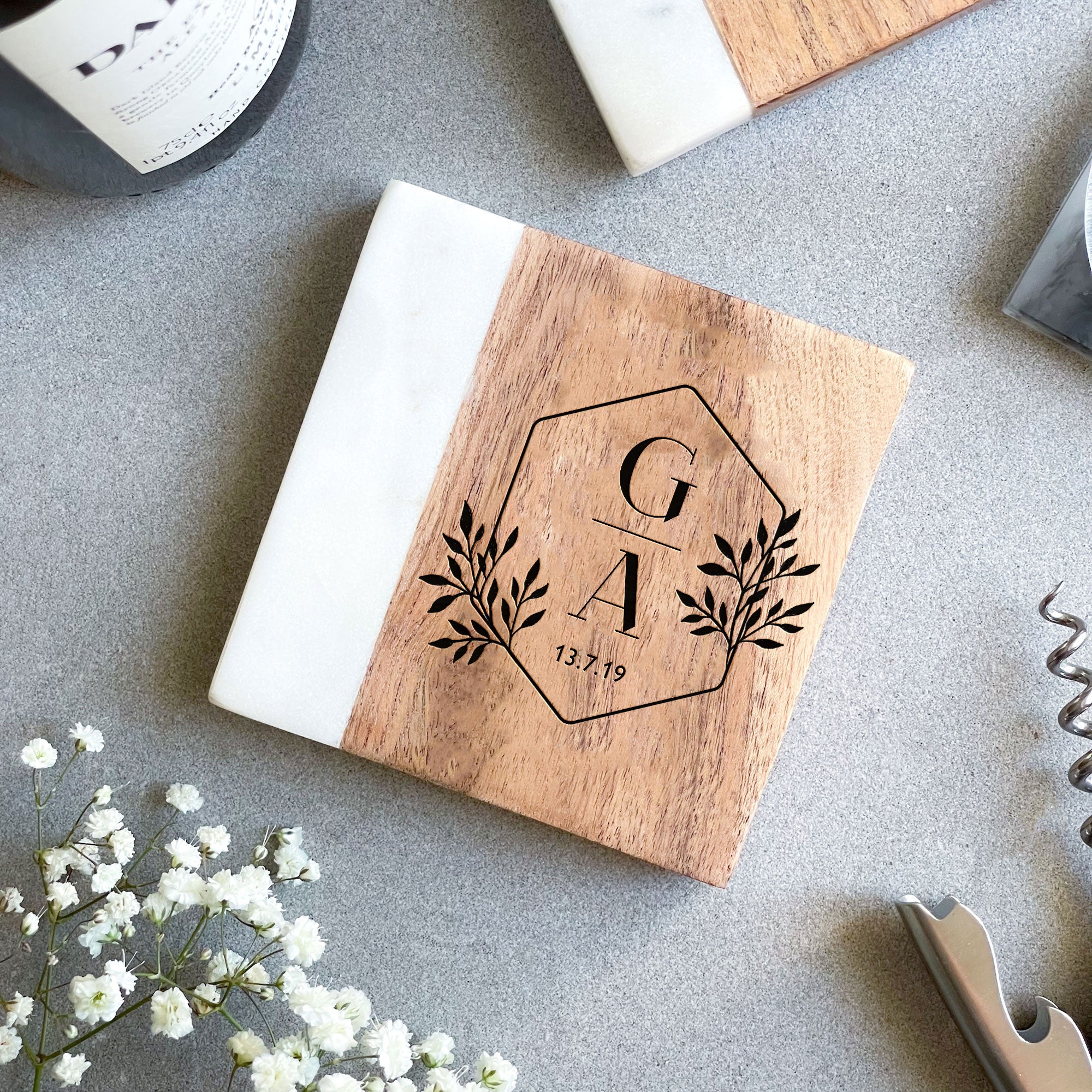 Personalised Marble and Acacia Wood Coaster
