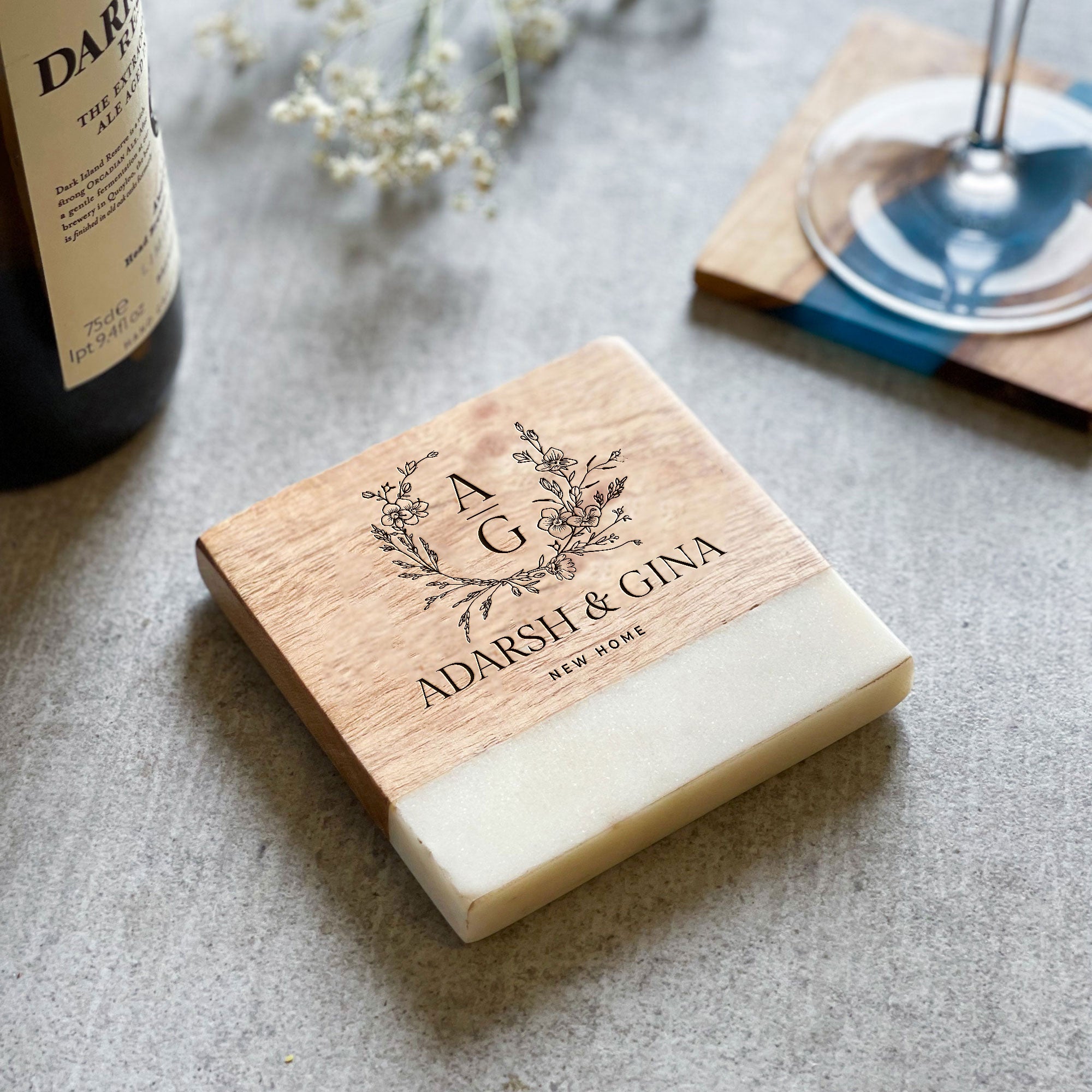 Personalised Coffee Table Marble & Acacia Wood Coaster
