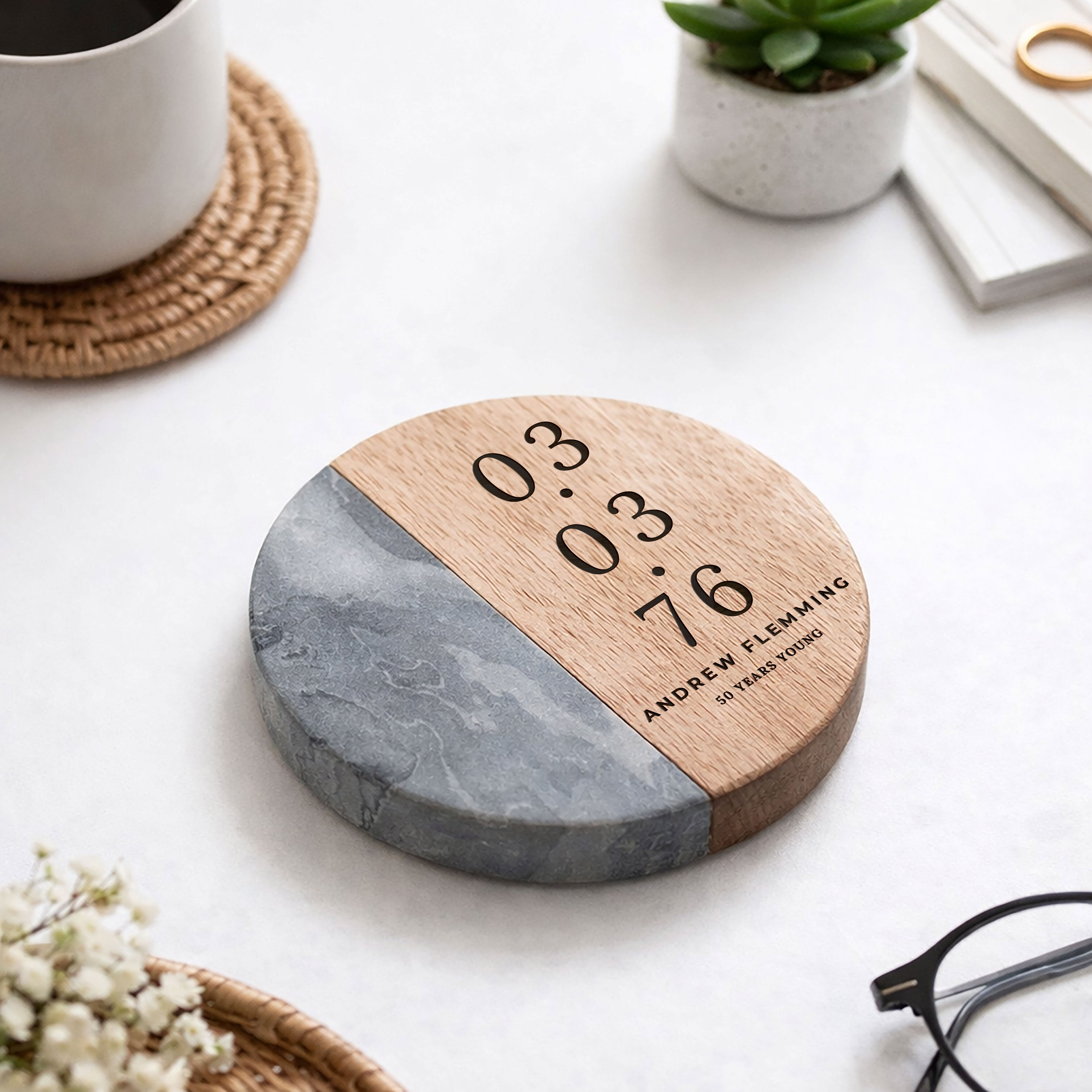 Personalised Date Marble & Wood Coaster