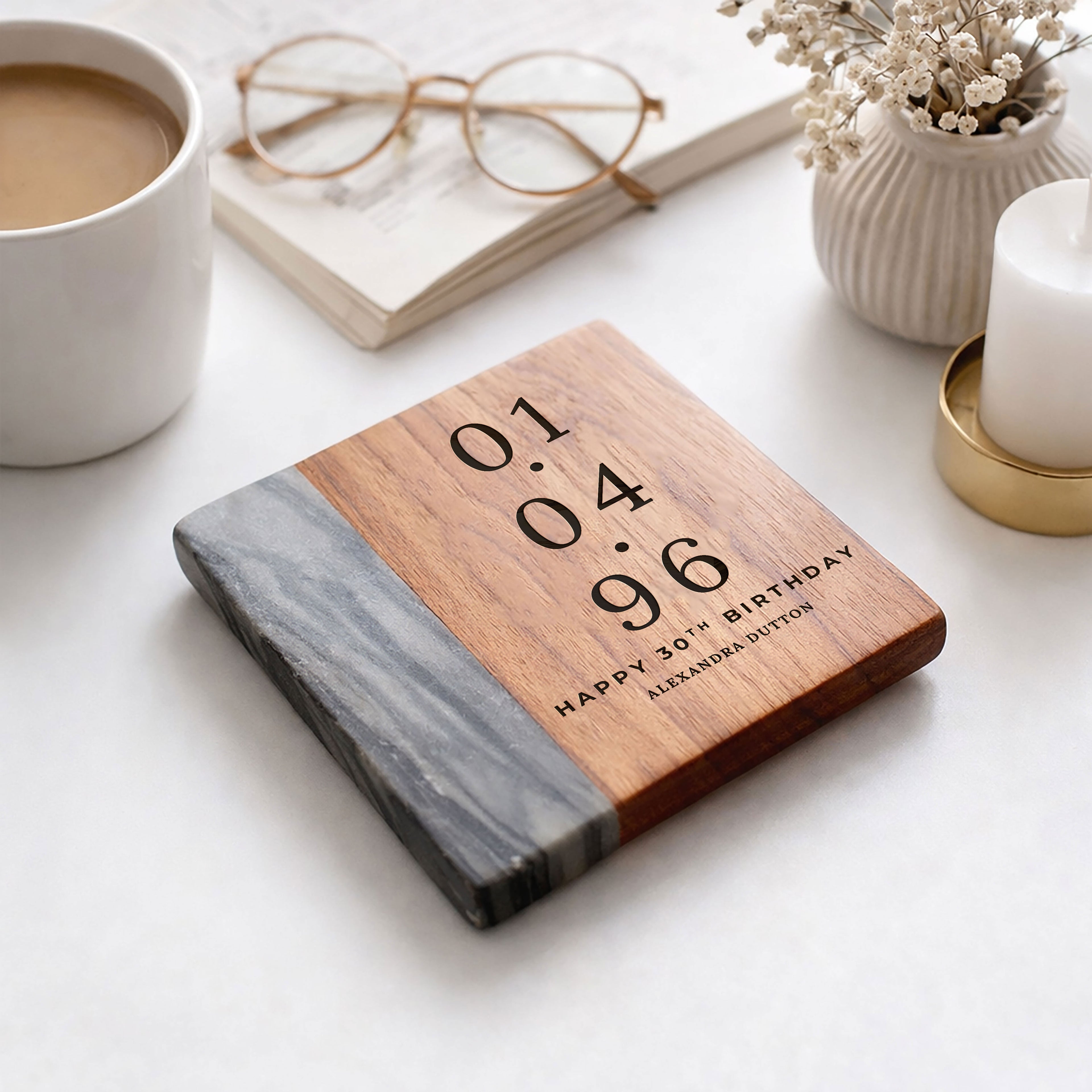 Personalised Date Marble & Wood Coaster