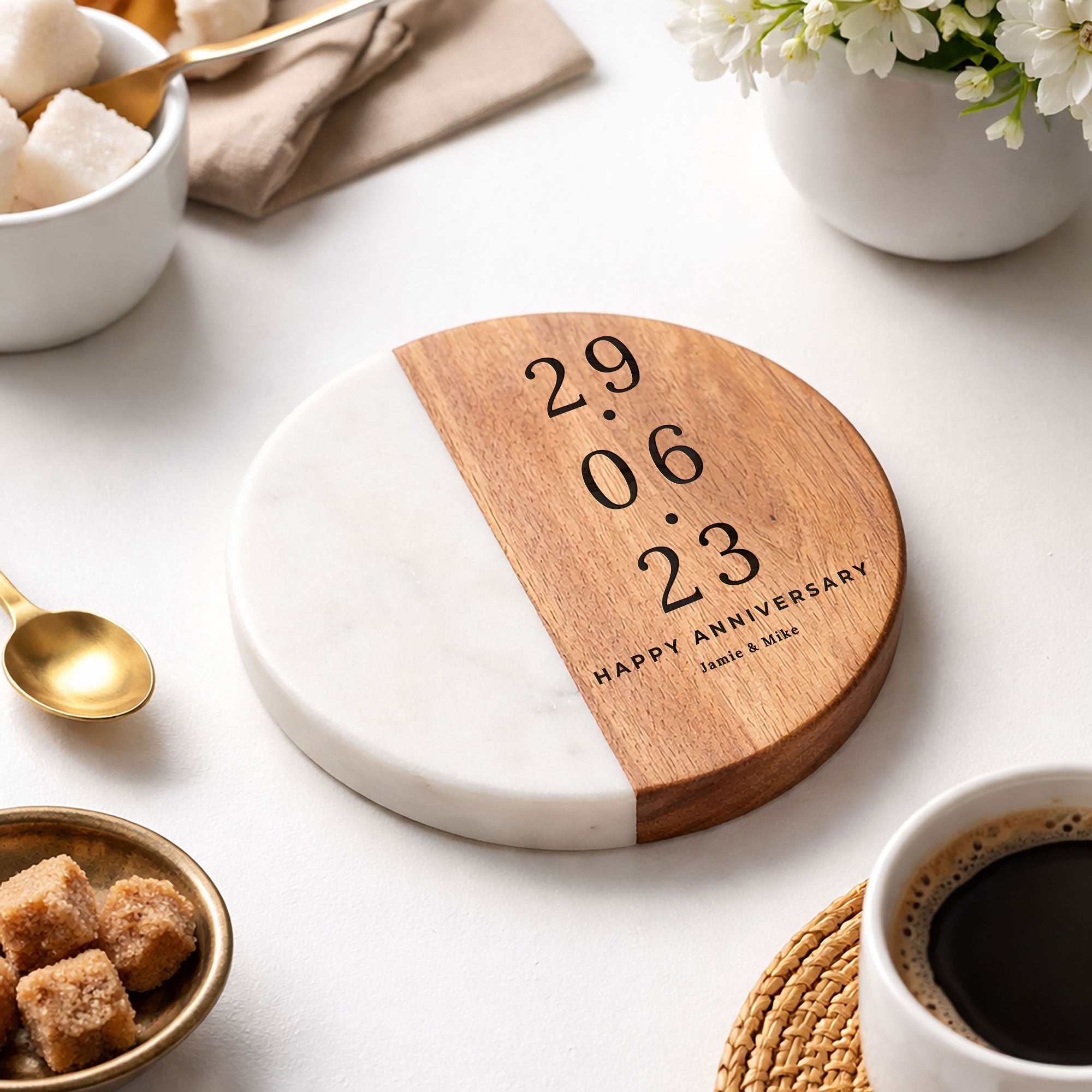 Personalised Date Marble & Wood Coaster