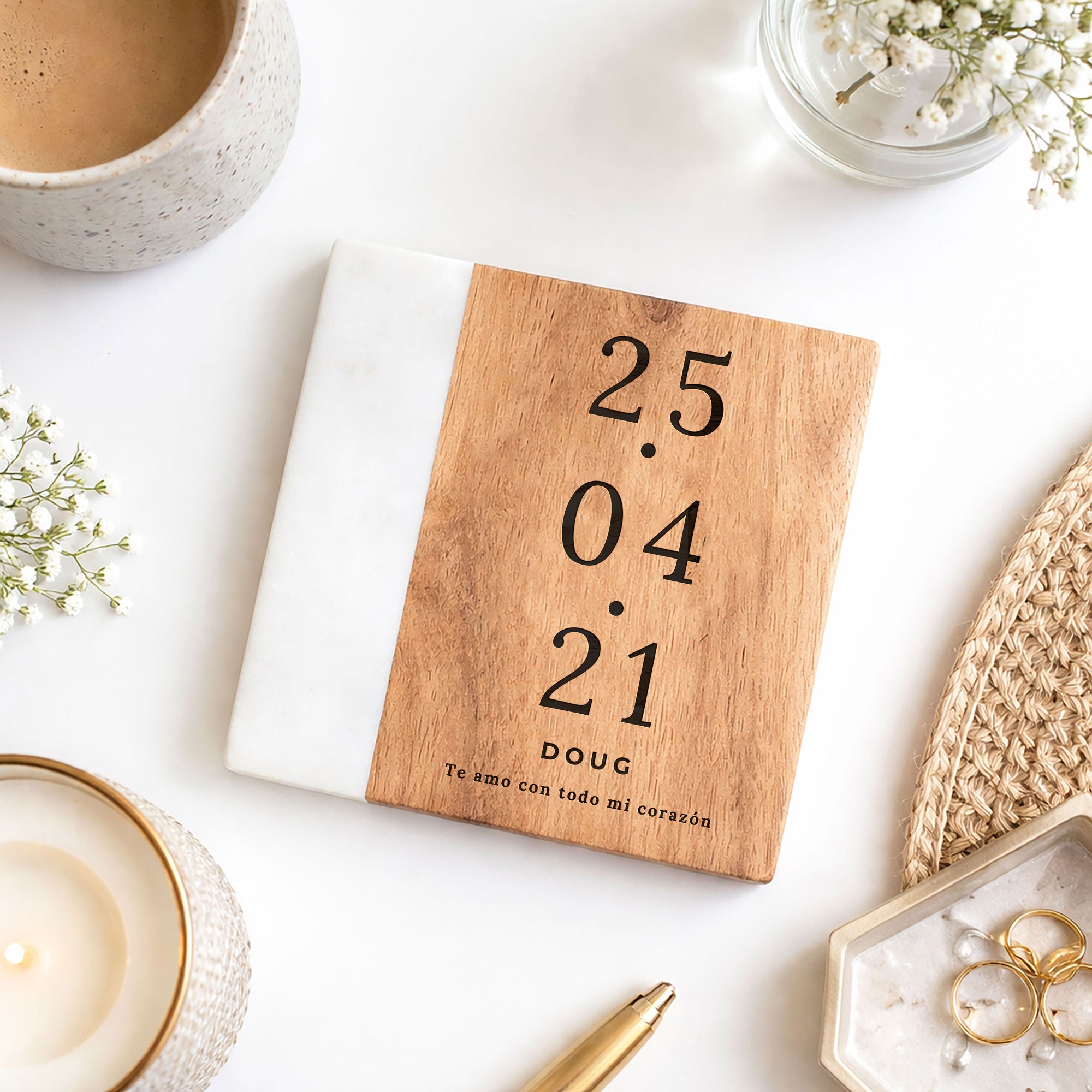 Personalised Date Marble & Wood Coaster