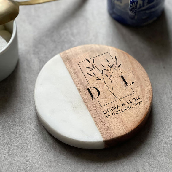 Personalised Marble & Acacia Coaster for Couples | Personalised Wedding Gift