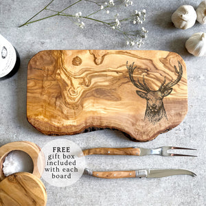 Rustic Olive Wood Stag Engraved Cutting Board