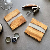 Handmade Rustic Olive Wood & Resin Drinks Coasters