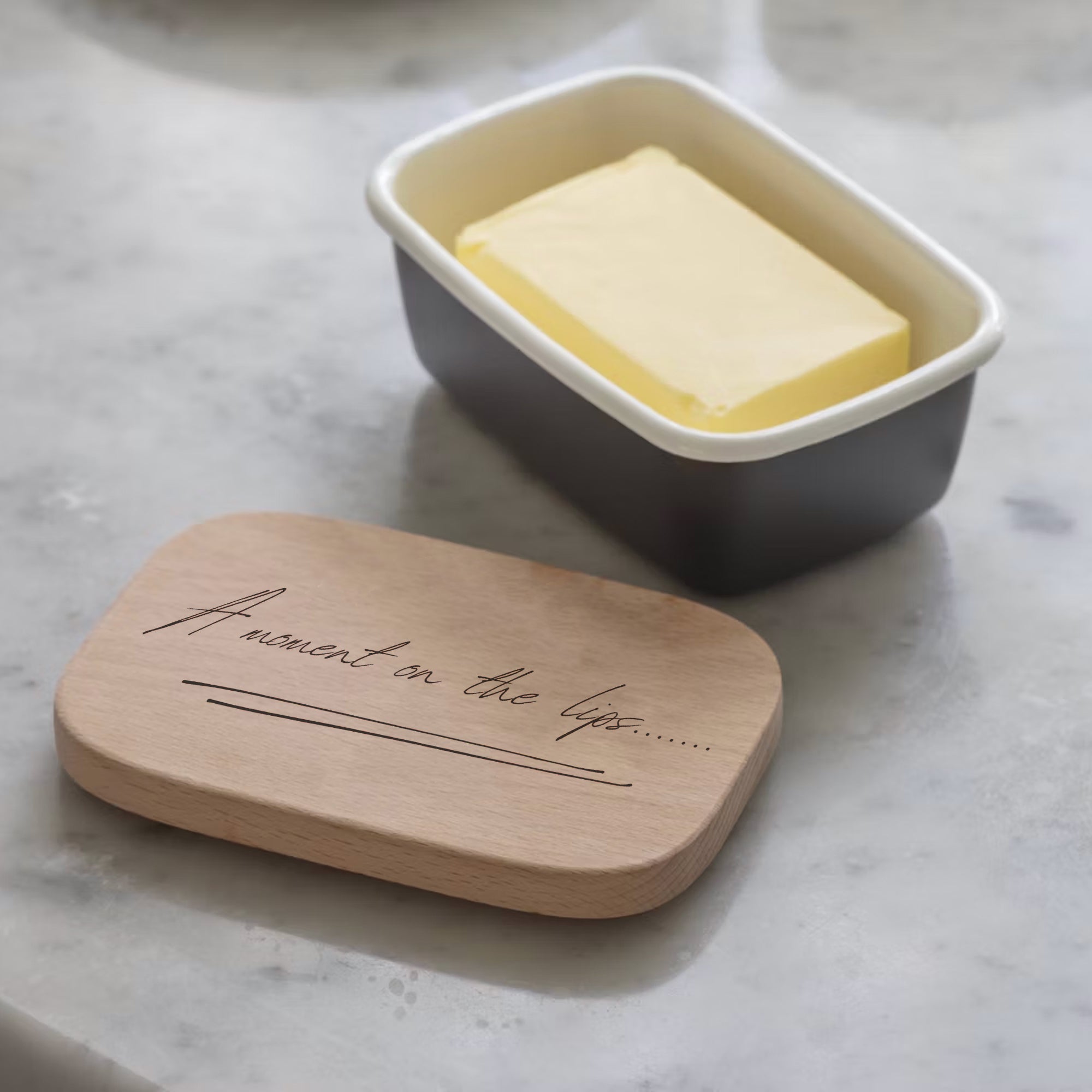 Engraved Enamel Butter Dish - "A Moment On The Lips"