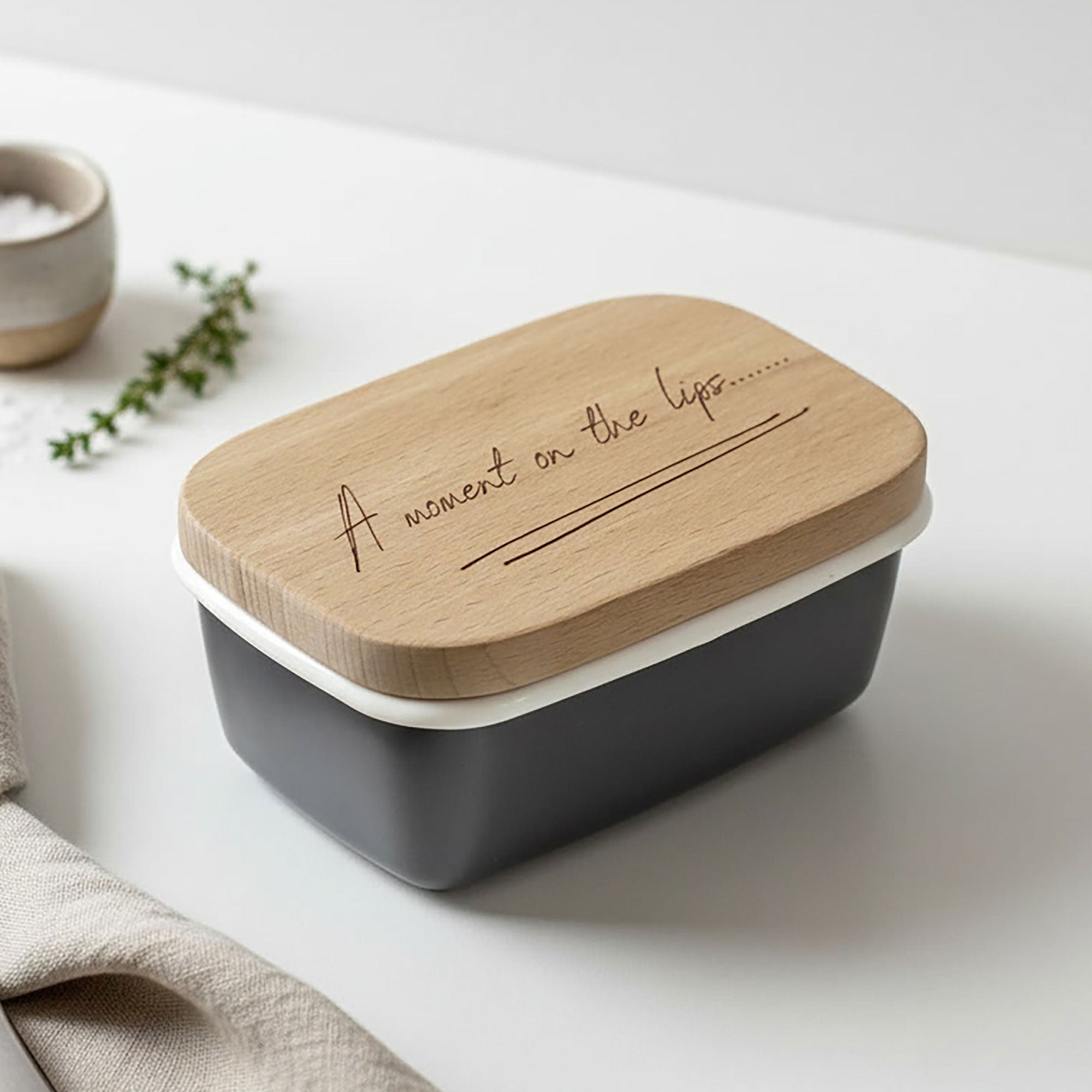 Engraved Enamel Butter Dish - "A Moment On The Lips"