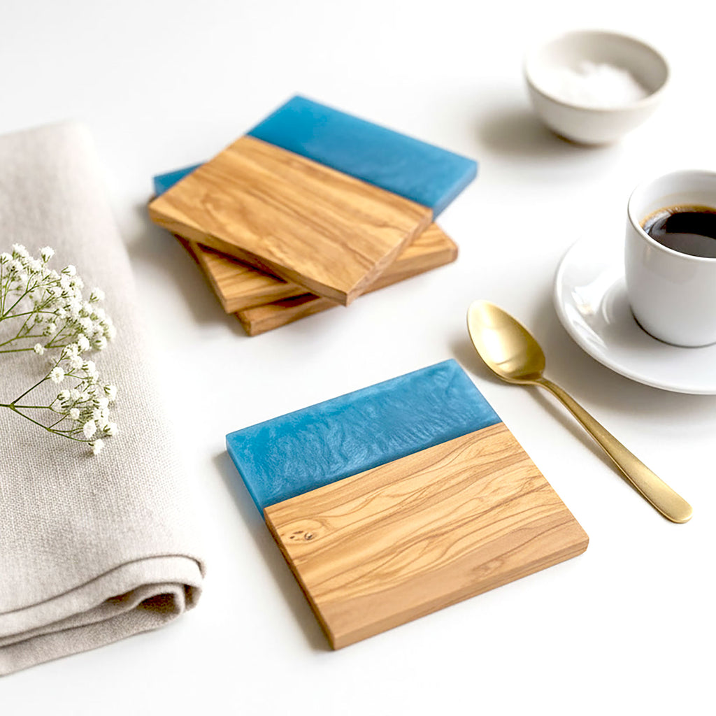 Set of 4 Italian Olive Wood and Blue Resin Drinks Coasters