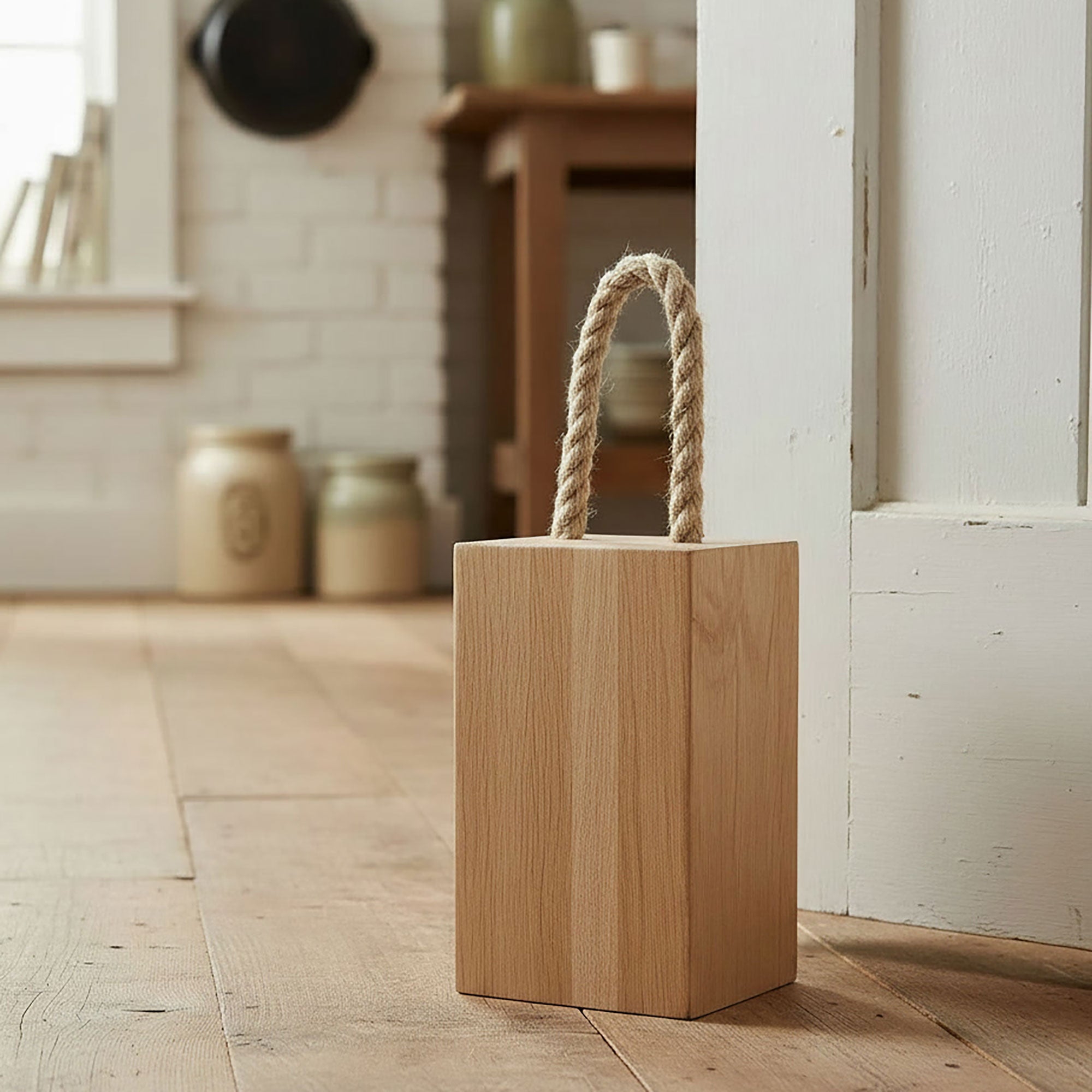 Solid Oak Door Stop with Rope Handle