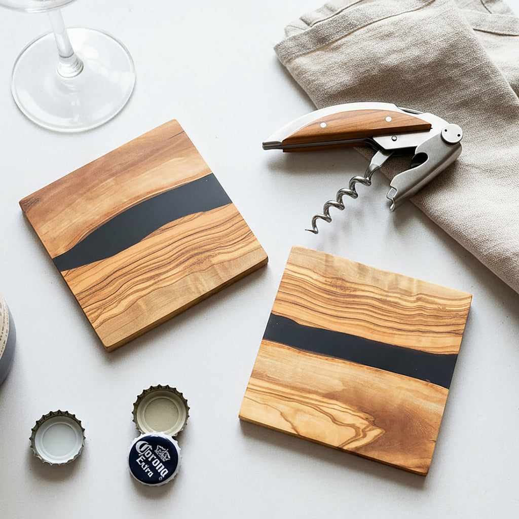 Handmade Rustic Olive Wood & Resin Drinks Coasters
