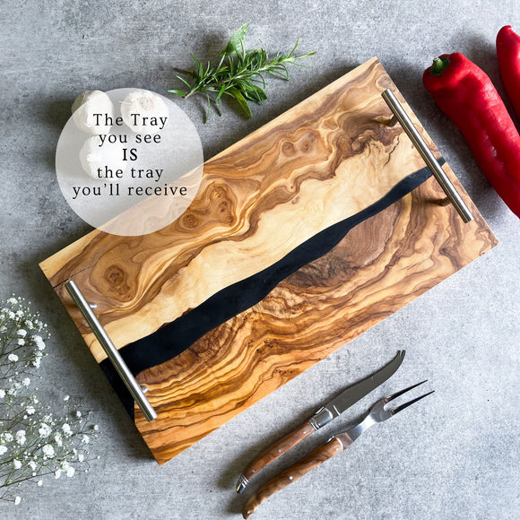 Olive Wood Resin River Tray - Black Vein | Length 15.7