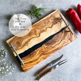 Olive Wood Resin River Tray - Black Vein | Length 15.7" (40cm) Steel Handles